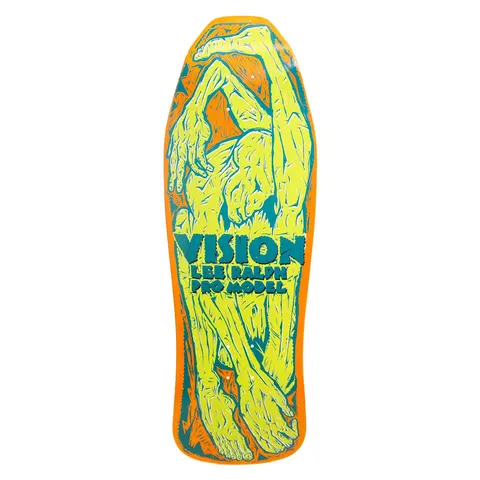 Vision Street Wear Lee Ralph Modern Concave skateboard deck: Woodcut-style yellow figures with intertwined limbs and large hands on a teal and orange old-school shaped deck, with Vision Lee Ralph Pro Model in teal block lettering across the middle.