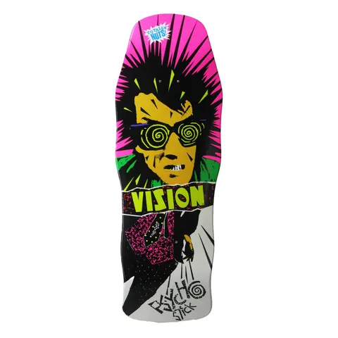 Vision Street Wear Psycho Stick Modern Concave skateboard deck: Wild-haired man with spiral glasses and clenched teeth against a pink starburst, with a torn VISION banner below and a figure in a pink speckled jacket grabbing a briefcase. Old-school shape with a Totally Nuts sticker.
