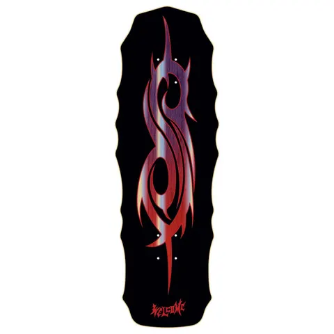 Welcome X Slipknot Tribal S On Widow skateboard deck: Shaped black deck with a large tribal S emblem in a holographic purple to red gradient. Welcome logo in red at the tail.