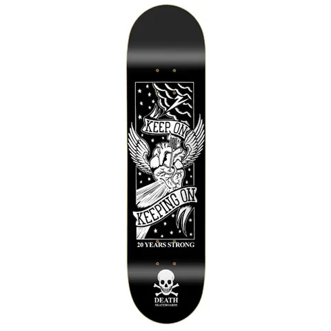 Death Skateboards Death Richie Jackson Art Nouveau skateboard deck: Black and white tattoo-style panel of a winged fist gripping a flaming torch, with banners reading Keep On Keeping On. A skull and crossbones logo sits at the foot.