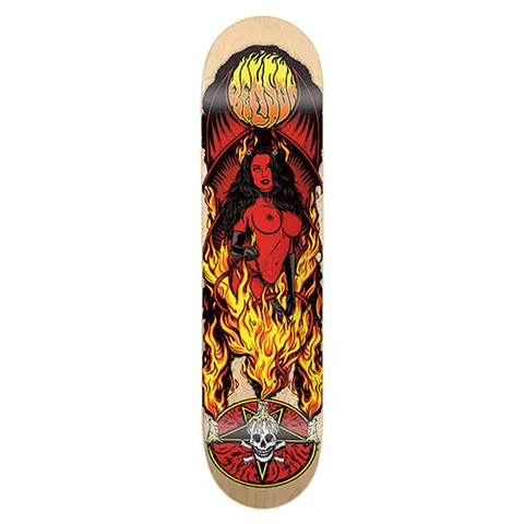 Death Skateboards Death Benson Devil Woman skateboard deck: A red-skinned devil woman with bat wings and a whip stands in tall flames beneath a flaming sun lettered with the name, above a skull and crossbones in an inverted pentagram, on a natural wood deck.