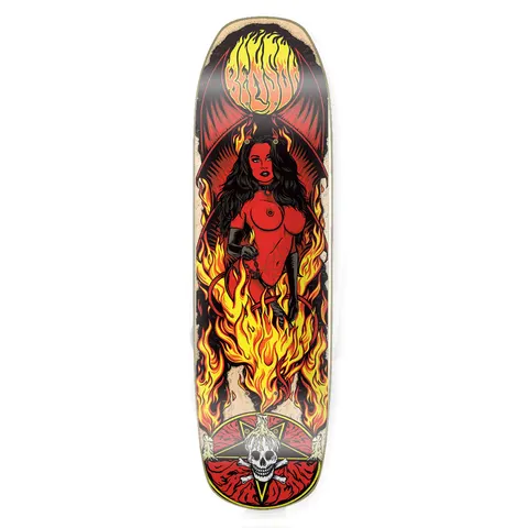Death Skateboards Death Benson Devil Woman skateboard deck: Red-skinned topless devil woman with bat wings, horns and black gloves rising from flames, with a flaming sun above. At the base is a skull and crossbones inside a pentagram, with candles.