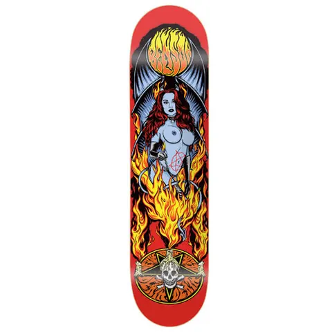 Death Skateboards Death Benson Devil Woman skateboard deck: A blue-skinned she-devil with long red hair, horns, bat wings and a spiked tail stands in flames above an inverted pentagram with a skull, under a flaming circle with lettering, on a red deck.