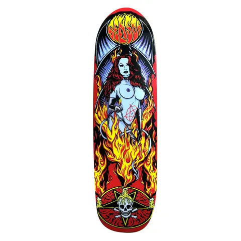 Death Skateboards Death Benson Devil Woman skateboard deck: A horned, bat-winged she-devil with long red hair, pale blue skin and a chain, rising from yellow and orange flames. A burning sun with the brand lettering sits above and a skull and crossbones in a pentagram below.