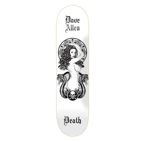 Death Skateboards Death Dave Allen White Medusa skateboard deck: Black ink illustration of a nude woman with long snaking hair, flanked by two cobras within a skull-decorated circular halo, with a skull and crossbones and flames below, on a white deck with gothic lettering.