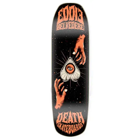 Death Skateboards Death Benson Devil Woman skateboard deck: Two orange hands reach toward a planchette with an eye in its centre against a starry black sky. Eddie Belvedere is lettered in orange at the top and Death Skateboards at the bottom, on a square-nosed shape.