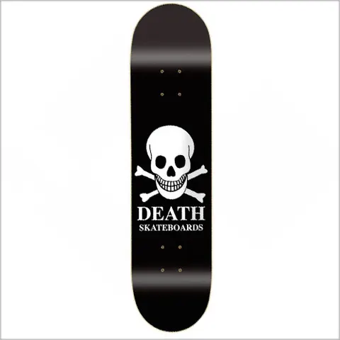 Death Skateboards Death OG Black Skull skateboard deck: White grinning skull over crossed bones with serif Death Skateboards lettering beneath, on a plain black deck.