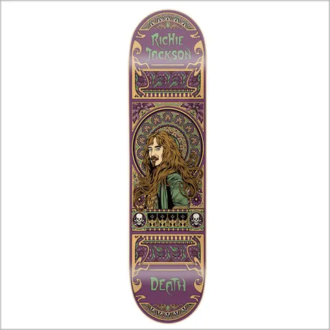 Death Skateboards Death Richie Jackson Art Nouveau 8 skateboard deck: Art nouveau style portrait of a long-haired man with a moustache inside an ornate arched frame, with floral borders and small skulls. The rider's name is at the top and DEATH at the bottom.