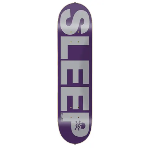 Death Skateboards Death Sleep skateboard deck: Purple deck with the word SLEEP in huge grey block capitals running the length of the board, a small skull and crossbones and tiny Death wording near the tail.