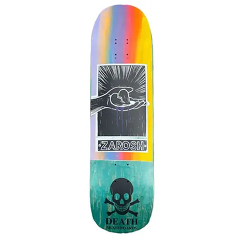 Death Skateboards Death Zarosh Heart 9 Hand Screened Pool - Death Skateboards skateboard deck: Framed black and white woodcut-style hand holding a cracked heart that drips, with radiating lines. The panel sits on a rainbow gradient above a teal-stained base with a black skull and crossbones.