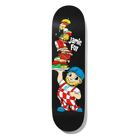 Deathwish Big Boy Foy Black 8.0 skateboard deck: Black deck with a cartoon Big Boy-style character in red and white checked overalls and blue cap, holding a tray with a towering stack of sandwiches and meats. Jamie Foy in white lettering beside it; Big Foy on the bib.