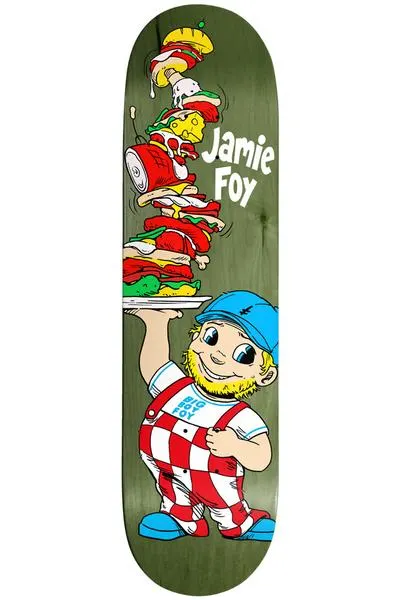 Deathwish Big Boy Foy 8.25 skateboard deck: A cartoon boy in a blue cap and red and white checked overalls, in the style of a burger restaurant mascot, holds up a plate piled with a towering stack of sandwich ingredients, with the rider name in white at the top.