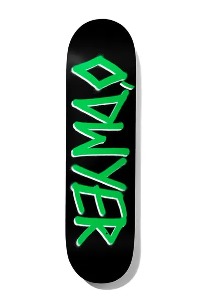 Deathwish BOD Gang Name Black/Green 8.25 skateboard deck: The name O'Dwyer sprayed in bright green graffiti-style lettering running the length of a black deck, with a soft white spray halo.