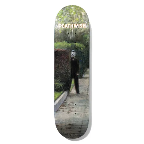 Deathwish Kirby Boogey Man 2 8.25 skateboard deck: Painting of a masked, dark-suited figure with a pale mask standing beside a hedge on a leafy suburban pavement, with the Deathwish logo and rider name at the top.