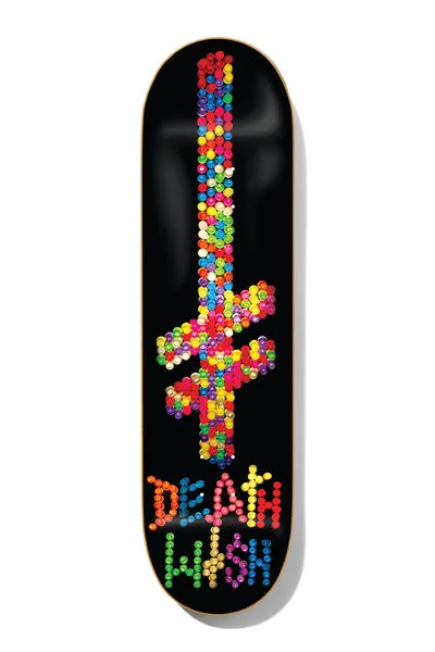 Deathwish Brite Lite 8.125 skateboard deck: Deathwish gang logo cross and the brand name built from bright multicoloured round beads or buttons on a black deck.
