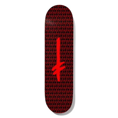 Deathwish Credo All Over 8.5 skateboard deck: Black deck covered in a repeating red heart and Deathwish logo pattern, with a large red brush-stroke inverted cross Deathwish logo in the centre.