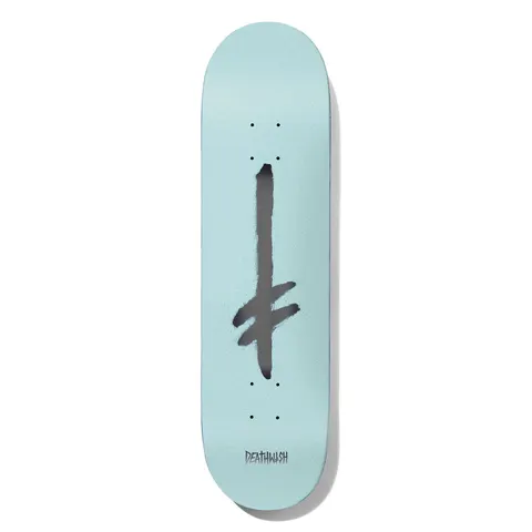 Deathwish Credo Light Blue Pearl 8.38 skateboard deck: Pearly light blue deck with a large grey brushstroke Credo cross-style mark running down the centre, and small Deathwish lettering near the tail.