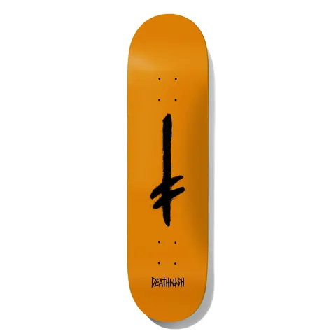 Deathwish Credo Orange Black Dip 8.5 skateboard deck: Black hand-painted Deathwish sword-like cross symbol in the centre of a plain orange deck, with the Deathwish name in small black lettering near the tail.