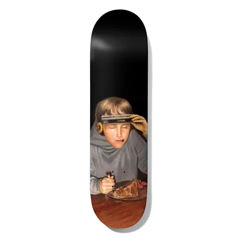 Deathwish Davidson Hidden Tape 8.38 skateboard deck: A realistic painting of a blond boy in a grey hoodie and headphones, pushing a cassette player up on his forehead while eating a slice of cake at a wooden table, against a black background.