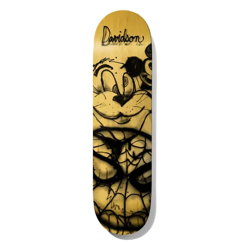 Deathwish Davidson Quarter Century 8.38 skateboard deck: Black spray-painted graffiti of a cartoon cat-like character with swirly eyes and whiskers, overlapping a spider web pattern, on a yellow-stained wood deck, with the rider name in script at the top.