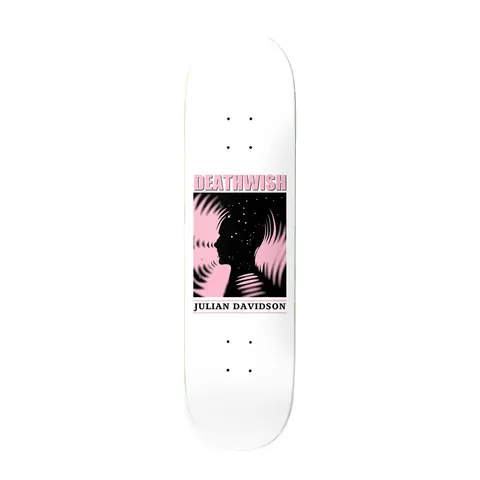 Deathwish Davidson Recovery 8.475 skateboard deck: White deck with a boxed black and pink graphic of a head in silhouette filled with stars, surrounded by pink swirling fronds. DEATHWISH is in pink block letters above and JULIAN DAVIDSON in black serif capitals below.