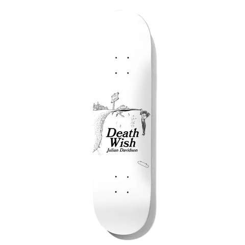 Deathwish Davidson This Way 8.0 skateboard deck: Black line drawing on white of a child dangling from a cliff edge by a rope, with a This Way sign, a small creature and a distant town, with Death Wish Julian Davidson in serif type and a loose board nearby.