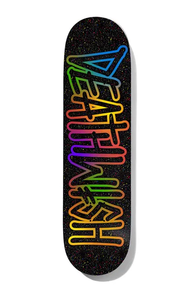 Deathwish Deathspray Alley 8.6 skateboard deck: Deathwish logo lettering in outline, filled with a rainbow gradient from red through orange and yellow to blue, running down a black deck flecked with multicoloured speckles.
