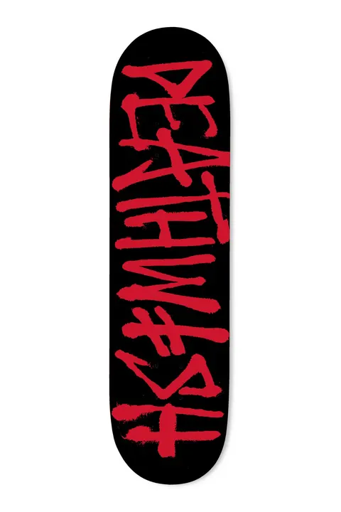 Deathwish Deathspray Blk/Red skateboard deck: Deathwish logo in rough red brush-painted lettering running the length of a black deck.