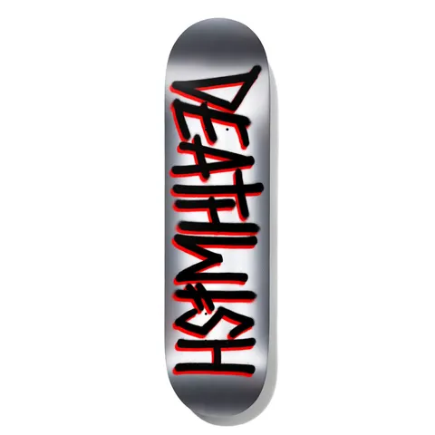 Deathwish Deathspray Foil Black/Silver 8.25 skateboard deck: Silver foil deck with the Deathwish name sprayed vertically in black graffiti-style letters with red outlines and drips.