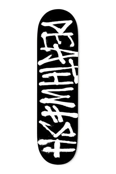 Deathwish Deathspray Blk/Wht skateboard deck: Rough white spray-painted lettering of the Deathwish name, with a cross as the final letter, running down the length of a plain black deck.