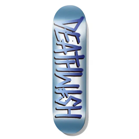 Deathwish Deathspray Blue Foil 8.0 skateboard deck: Blue foil deck with the Deathwish name in large spray-painted graffiti-style letters, with black outlines and a soft airbrushed white glow behind them.