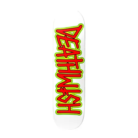 Deathwish Deathspray Brain White 8.25 skateboard deck: Large hand-drawn DEATHWISH logo running the length of the deck in red lettering with yellow and green outlines on a plain white ground.