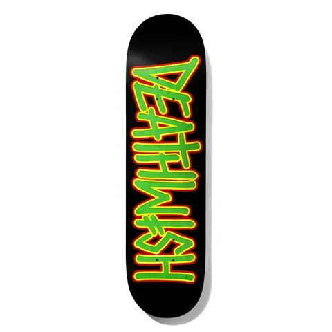 Deathwish Deathspray Brains 8.0 skateboard deck: The Deathwish logo in large hand-drawn spray-style capitals, filled green with yellow and red outlines, running the length of a black deck.