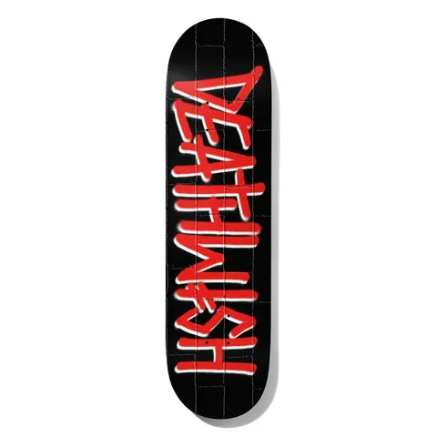 Deathwish Deathspray Bricks Black/Red 8.25 skateboard deck: Red spray-paint style 'Deathwish' lettering with white halo, running down a black deck with a faint brick wall pattern.
