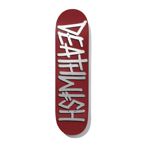 Deathwish Deathspray Maroon/Silver 8.75 skateboard deck: Deathwish name in large spray-painted style capital letters, white with silver shading, reading down the deck on a maroon background.