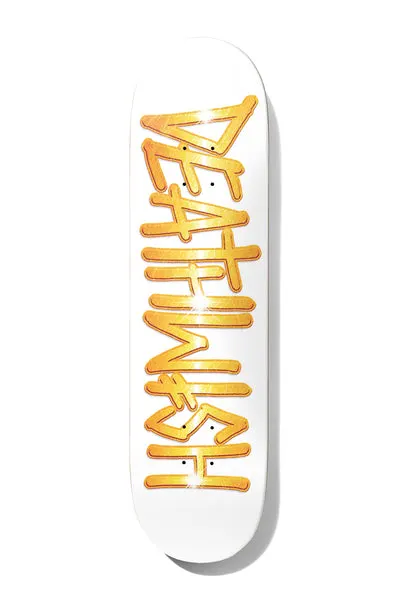 Deathwish Deathspray Emblem 8.25 skateboard deck: Large Deathwish logotype in sparkling gold glitter with a thin black outline, running the length of a plain white deck.