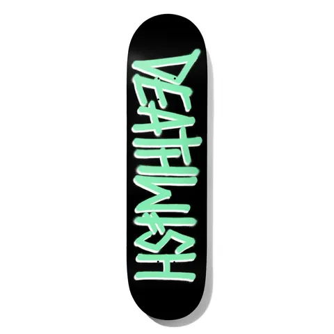 Deathwish Deathspray Glow 8.0 skateboard deck: Brand name in hand-sprayed, graffiti-style capital letters stacked vertically in pale mint green with soft white edges, on a solid black deck.