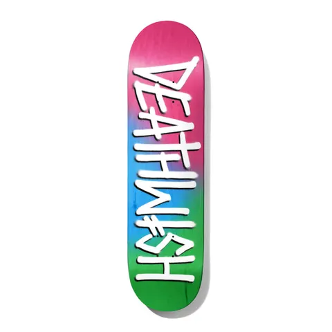 Deathwish Deathspray Purple Sky 8.6 skateboard deck: The Deathwish logo sprayed in white graffiti-style letters runs the length of the deck over a soft gradient from pink at the top through blue to green at the bottom.