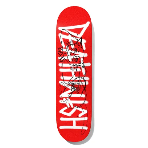 Deathwish Deathspray Red Cat 8.75 skateboard deck: Large white spray-painted Deathwish lettering running the length of a red deck, overlaid with a scribbly black line drawing of a cat with several eyes and a curled tail.