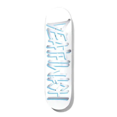 Deathwish Deathspray White/Silver 8.25 skateboard deck: The Deathwish logo in large angular brush lettering runs the length of a white deck, sprayed in silver with light blue outlines in an airbrushed graffiti style.