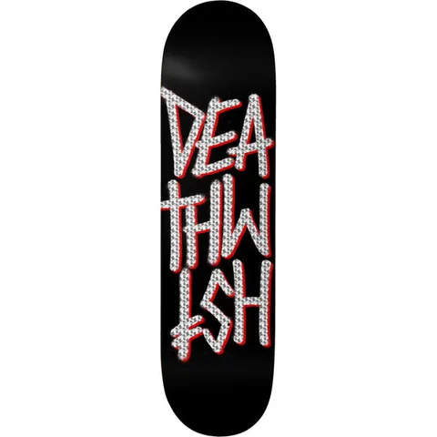 Deathwish Deathstack Black/Holo Foil 8.0 skateboard deck: Deathwish brand name in stacked brush-style lettering on a black deck, filled with a sparkly silver holographic foil effect and a red outline.