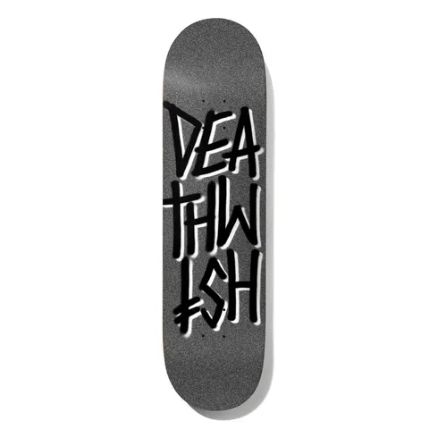 Deathwish Deathstack Nation 8.475 skateboard deck: Grey grip-textured deck with the Deathwish name in thick black spray-painted brush lettering stacked over three lines, with white shadow edges.