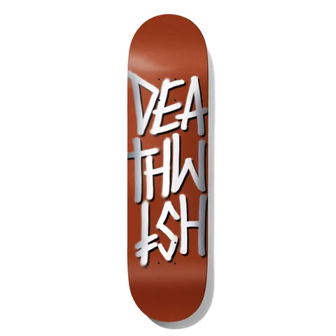 Deathwish Deathstack Pearl Copper 8.75 skateboard deck: Large white spray-painted Deathwish lettering stacked in three rows on a copper-brown pearl deck, with a soft grey shadow edge.