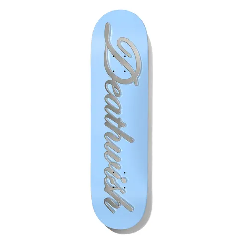 Deathwish Deville 8.0 skateboard deck: Large embossed-looking silver script Deathwish lettering running diagonally down a pale blue deck.