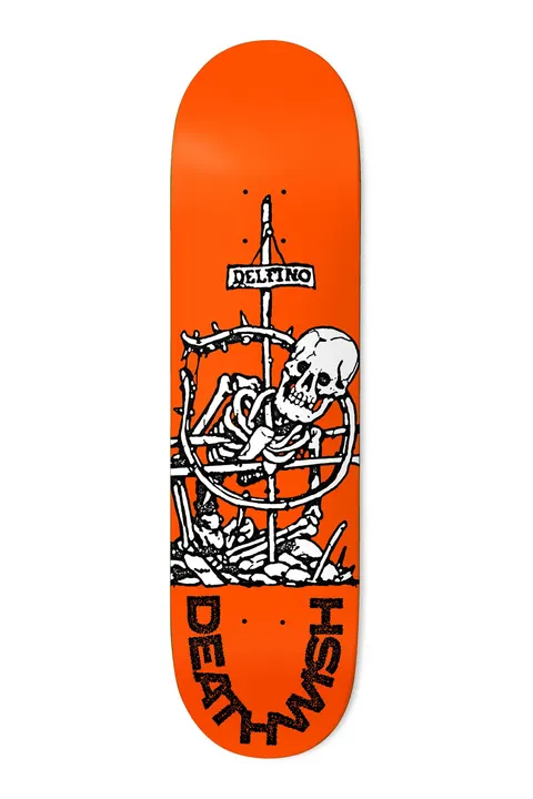 Deathwish Delfino Cross 8.25 skateboard deck: White skeleton caught in a crown of thorns on a cross bearing a Delfino sign, among bones and rubble, with Deathwish in black distressed lettering at the tail, on orange.