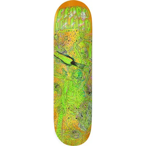 Deathwish Delfino Dystopia 8.5 skateboard deck: Detailed outline drawing in lime green on orange of a masked soldier surrounded by mutant creatures and explosions, in a sci-fi comic style, with PEDRO DELFINO in studded lettering at the top.