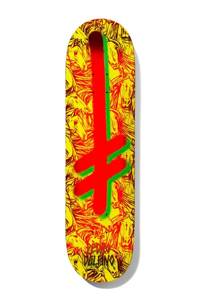 Deathwish Delfino Gang Logo Horses 8.25 skateboard deck: A red and green spray-painted Deathwish gang logo cross runs down the deck over a dense yellow pattern of red-outlined horse heads. Rider name in dark red at the tail.