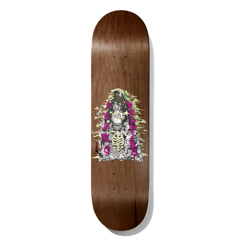 Deathwish Delfino Mice & Men 8.0 skateboard deck: A pen-style illustration of a skeleton-chested gorilla or monkey figure in a starry black hood, surrounded by tiny creatures and green smoke, with 'Pedro Delfino' in pink letters running up both sides. Printed on a wood-stained deck.