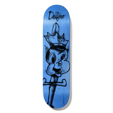 Deathwish Delfino Quarter Century 8.0 skateboard deck: Black airbrushed-style drawing of a cartoon pig wearing a police-style cap with a badge, on a blue stained deck, with a spike or sword shape rising behind its head. 'Delfino' is signed in script at the top.