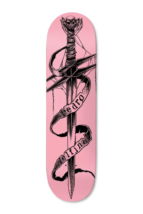 Deathwish Delfino Rosefyre skateboard deck: Black line and stipple drawing of a dagger with a skull-topped pommel, wrapped by a scroll banner bearing the rider's name, with cobwebs, on a pink deck.